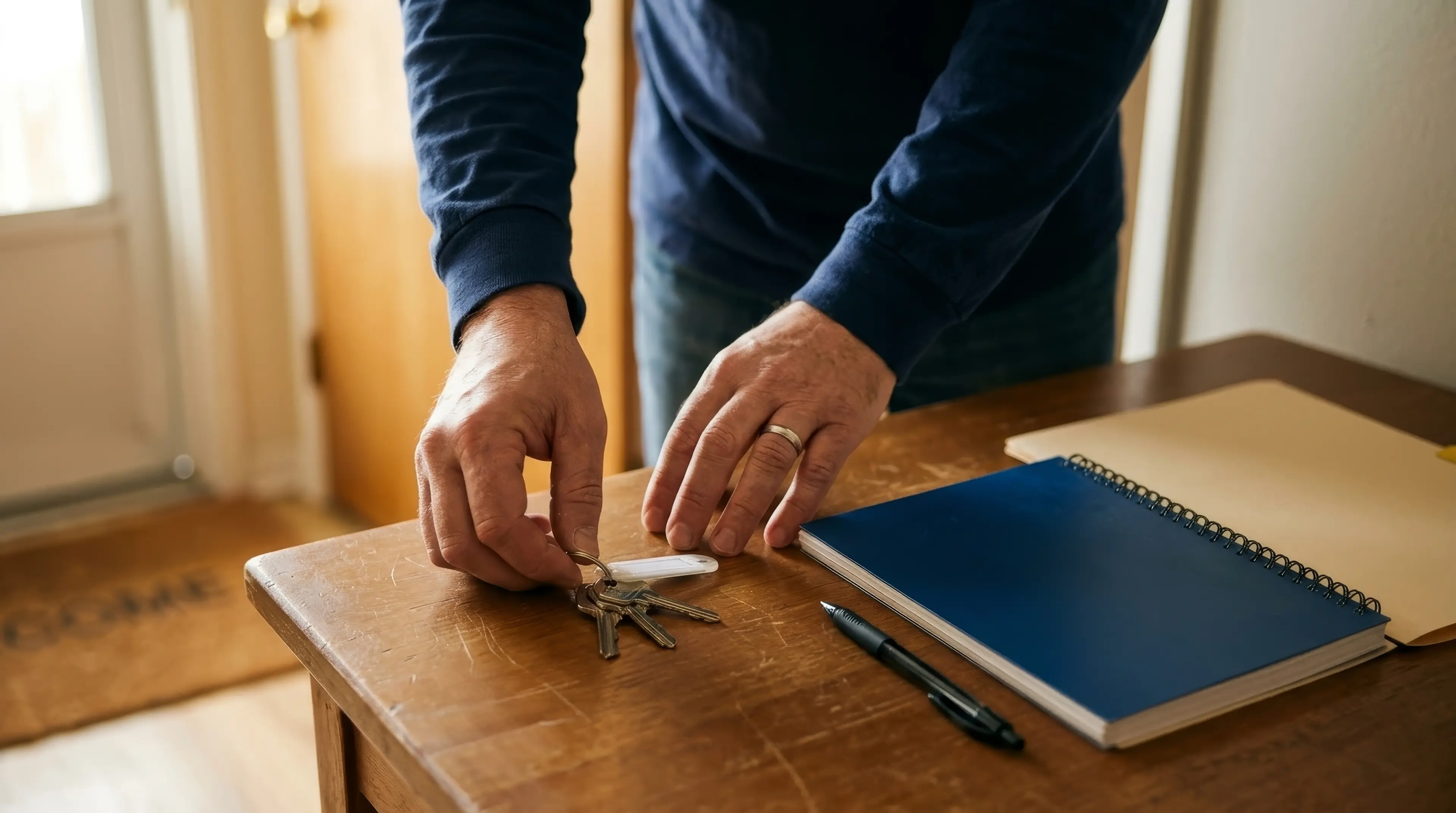 Keys and an operational record prepared on a table before a property handover.